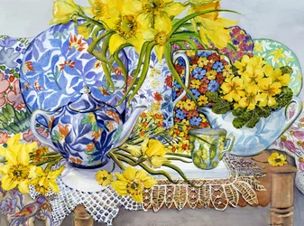 Daffodils, Antique Jugs, Plates, Textiles and Lace, 2012